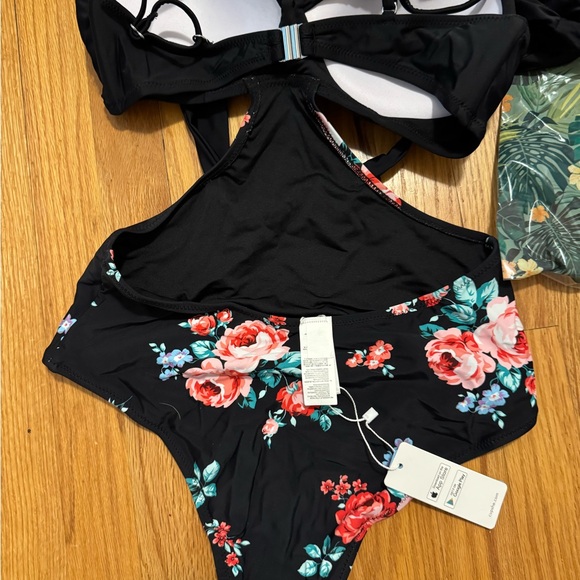 Black And Floral Wrap Cutout One Piece Swimsuit - Picture 2 of 8